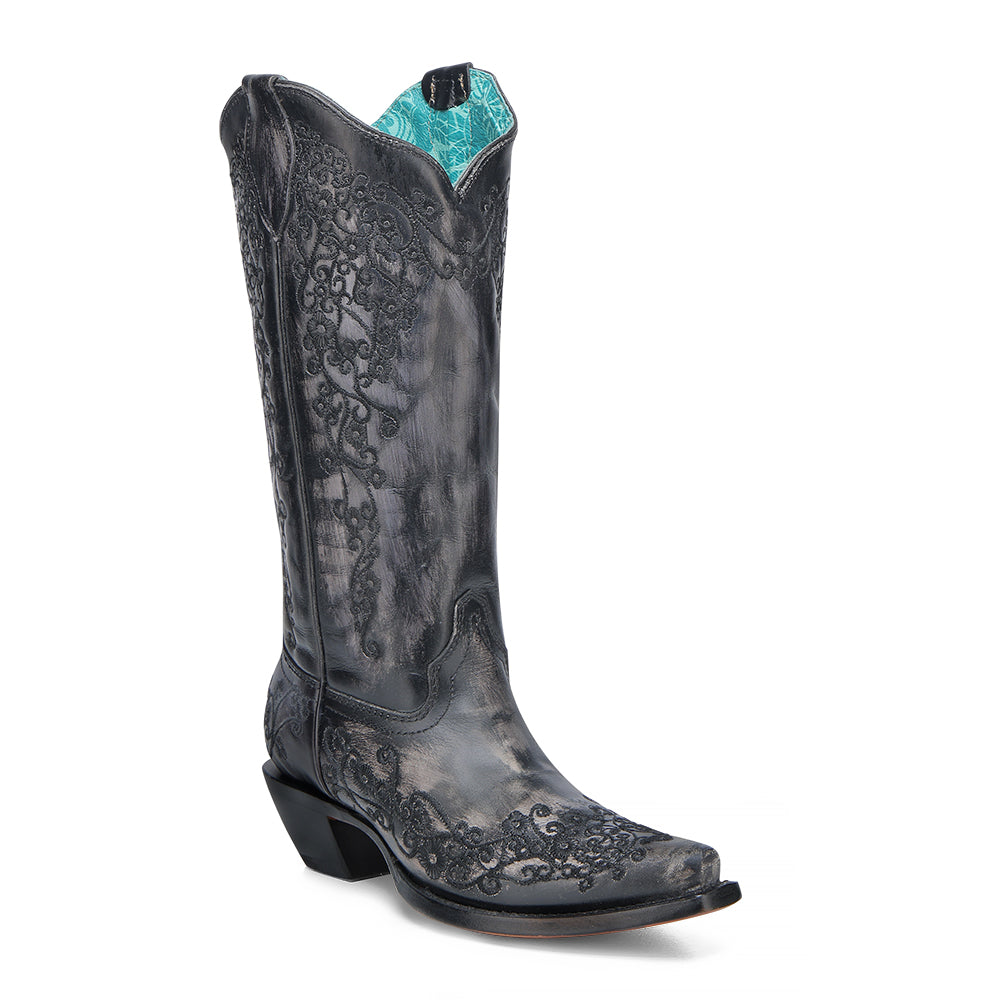 Corral - A4800 - WOMEN'S BLACK FLORAL EMBROIDERY SNIP TOE COWBOY BOOT