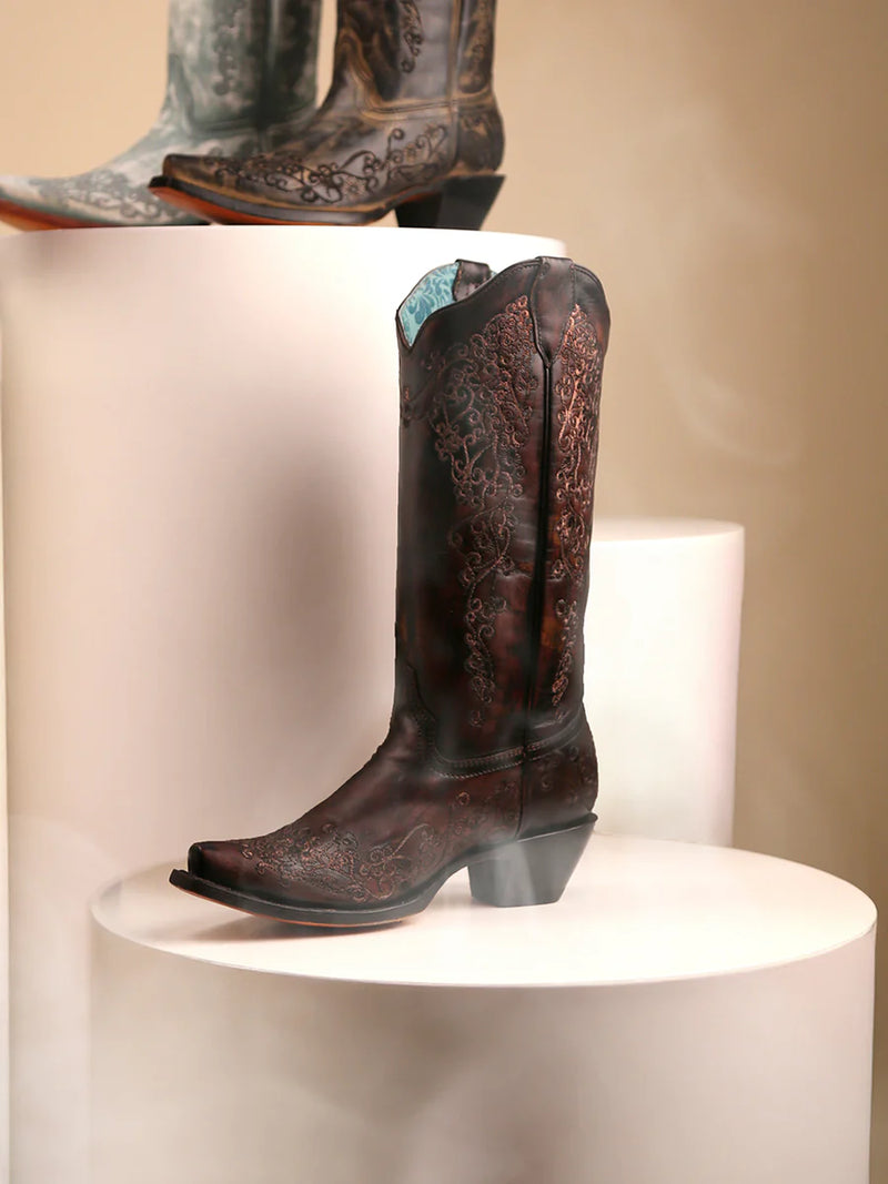 Corral - A4801 - Women's Floral Embroidery Chocolate Brown And Honey Snip Toe Cowboy Boot