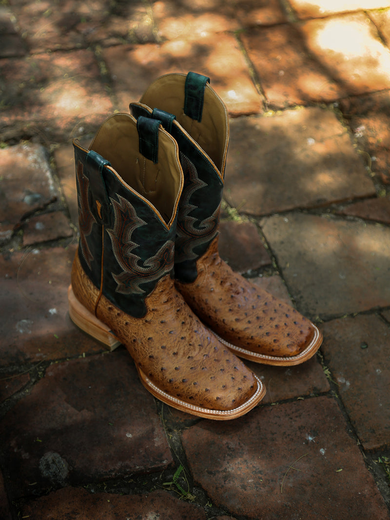 Corral - A4533 Embroidery/Tan Ostrich Vamp And Counter Olive Green Wide Square Toe Cowboy Boot