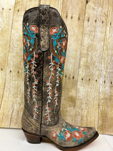 Corral - A4374 Brown Deer Head inlay & Floral embroidery