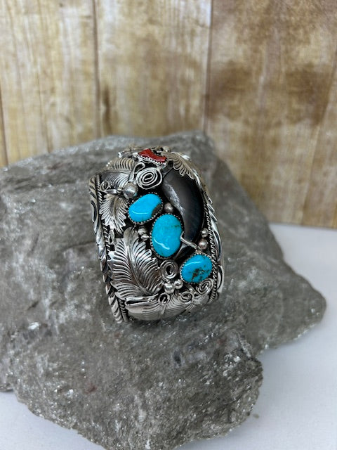 Sterling Silver - Sterling Silver Cuff with bear Claw, Turquoise and Coral