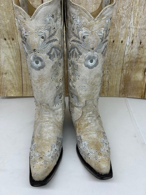 Corral - A3521 Distressed White Floral Embroidery with Crystals