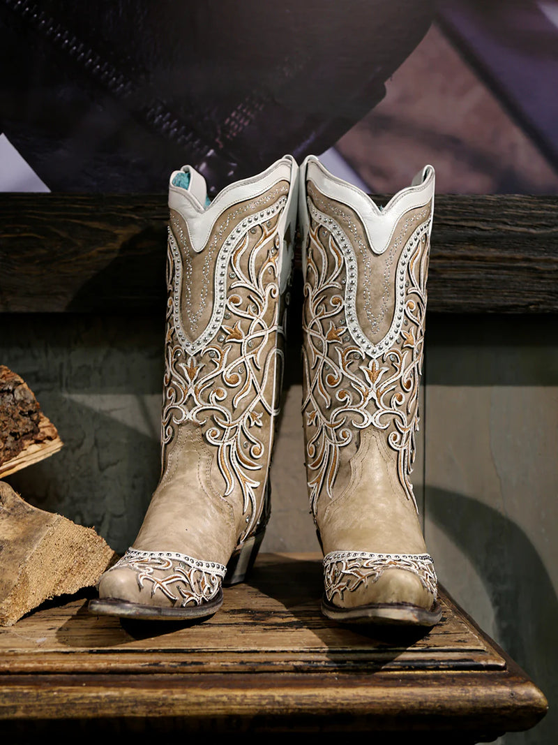 Corral - A3837 White Overlay with Embroidery, Studs and Crystals