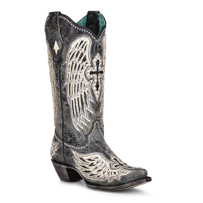Corral - A4232 - White Cross & Wings Overlay with Studs Cowboy Boot