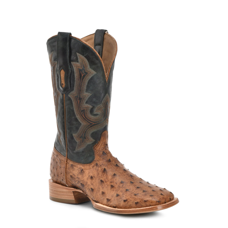 Corral - A4533 Embroidery/Tan Ostrich Vamp And Counter Olive Green Wide Square Toe Cowboy Boot
