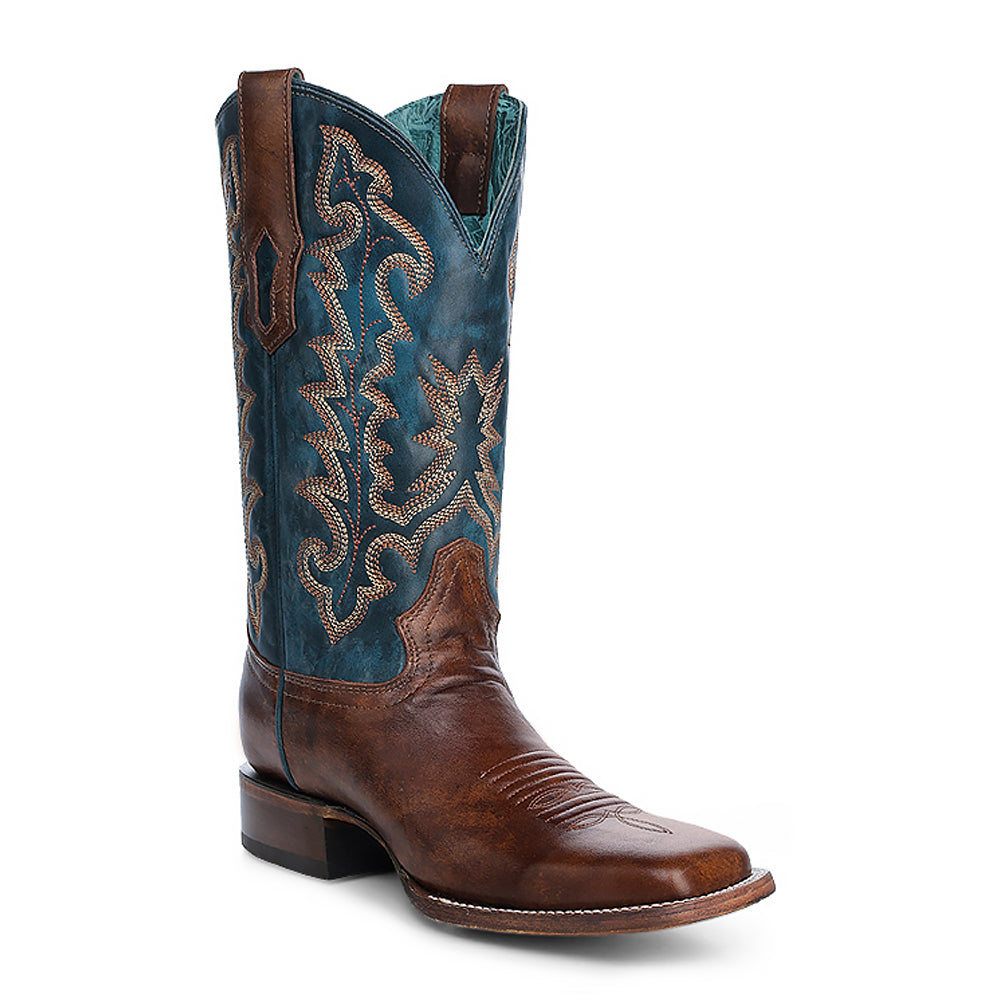 Corral - A4668 Tan Blue Embroidery Wide Square Toe