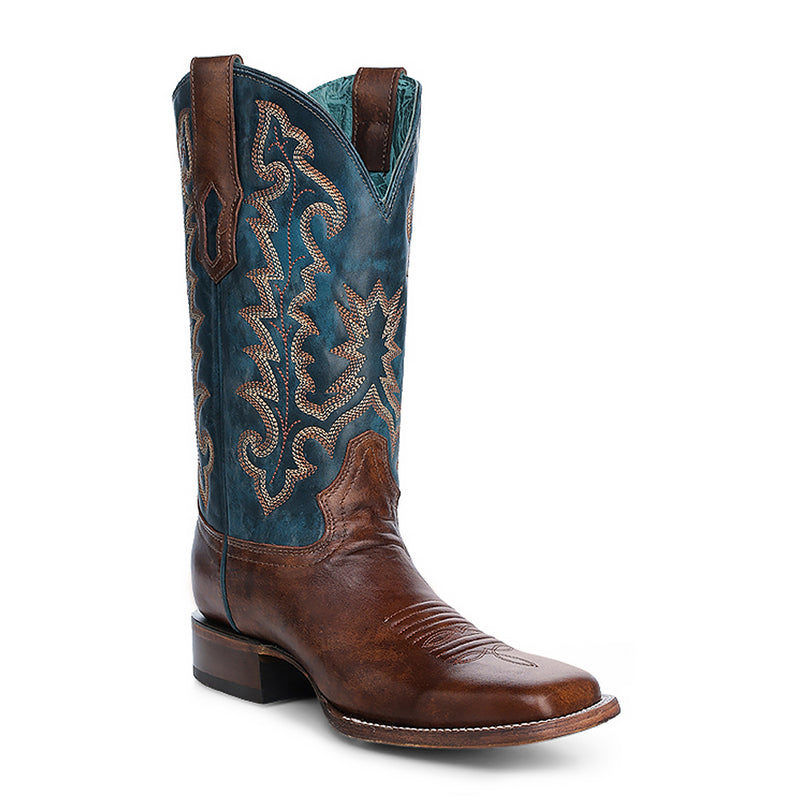 Corral - A4668 Tan Blue Embroidery Wide Square Toe