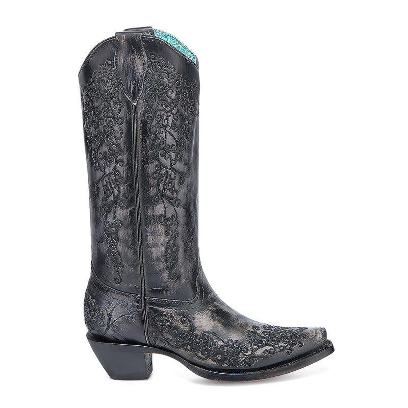 Corral - A4800 - WOMEN'S BLACK FLORAL EMBROIDERY SNIP TOE COWBOY BOOT