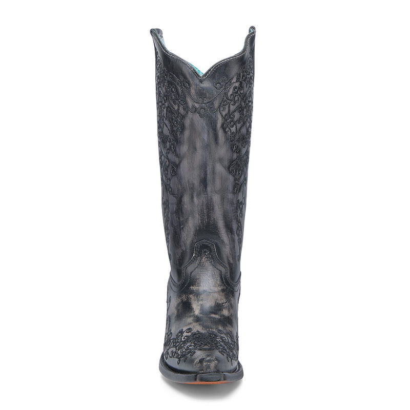 Corral - A4800 - WOMEN'S BLACK FLORAL EMBROIDERY SNIP TOE COWBOY BOOT