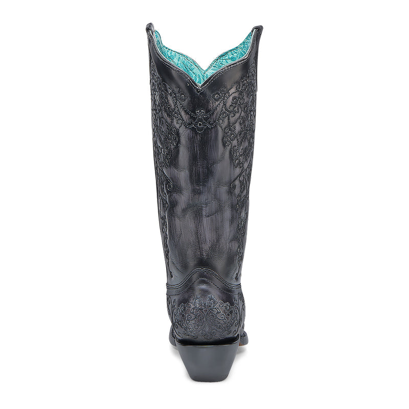 Corral - A4800 - WOMEN'S BLACK FLORAL EMBROIDERY SNIP TOE COWBOY BOOT