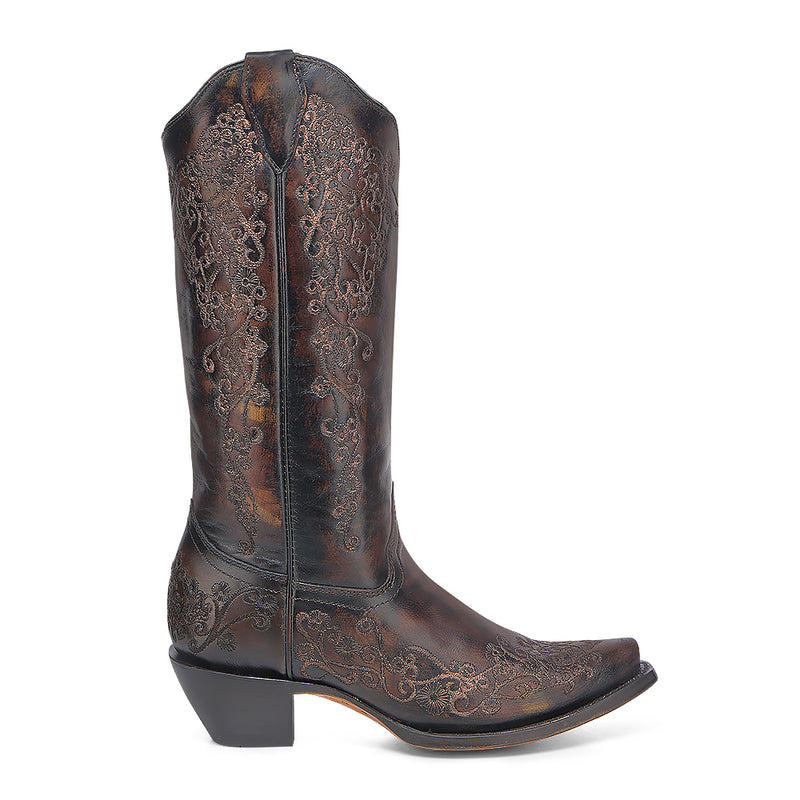 Corral - A4801 - Women's Floral Embroidery Black And Honey Snip Toe Cowboy Boot