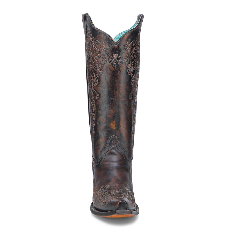 Corral - A4801 - Women's Floral Embroidery Black And Honey Snip Toe Cowboy Boot