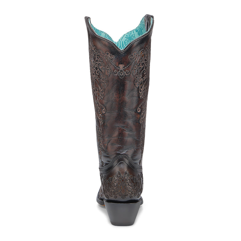 Corral - A4801 - Women's Floral Embroidery Black And Honey Snip Toe Cowboy Boot