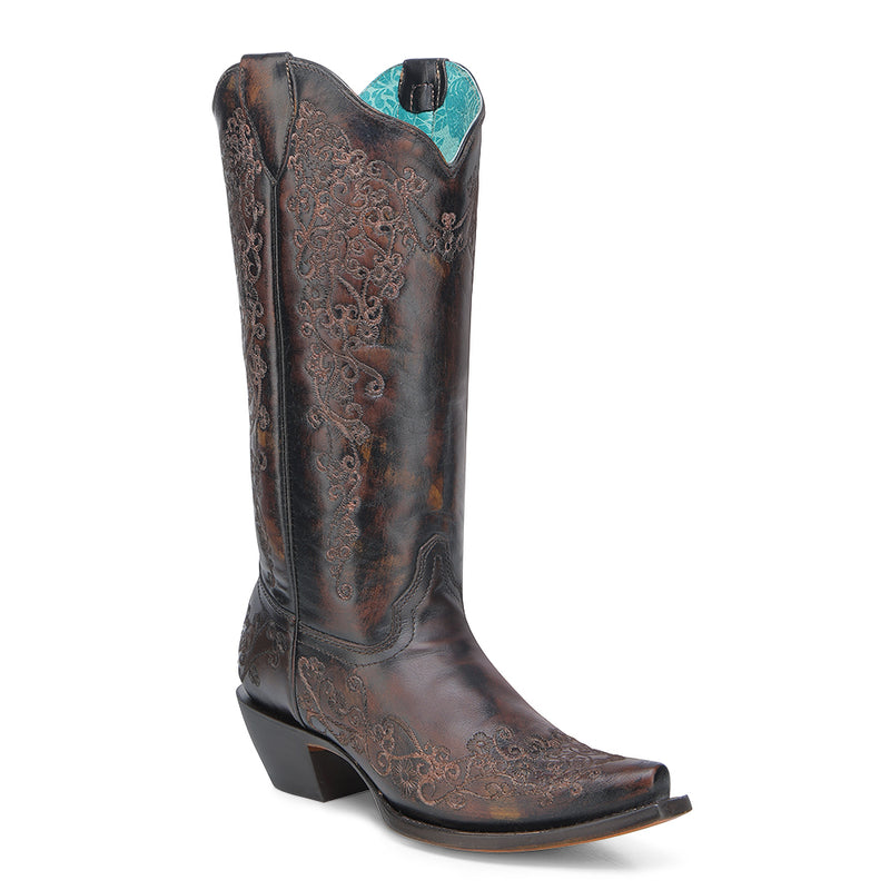 Corral - A4801 - Women's Floral Embroidery Black And Honey Snip Toe Cowboy Boot