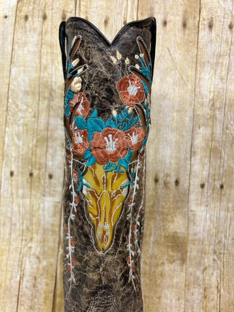 Corral - A4374 Brown Deer Head inlay & Floral embroidery