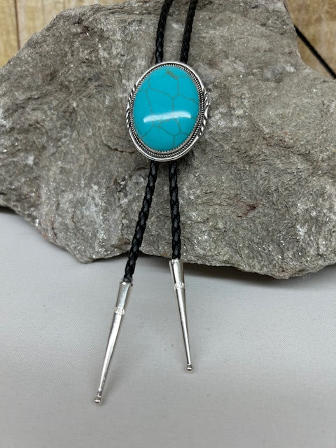Sterling Silver - Silver Bolo Tie with Large Turquoise stone