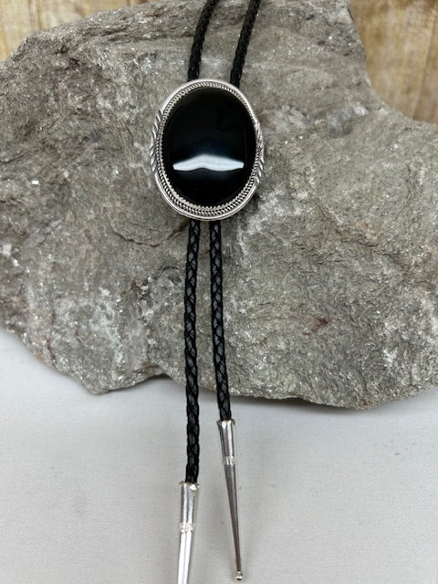 Sterling Silver - Silver Bolo Tie with Large Onyx stone