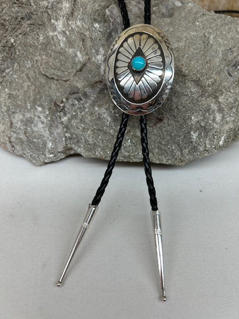 Sterling Silver - Silver and Turquoise  Bolo Tie