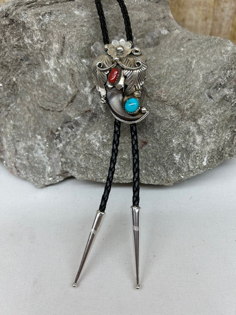 Sterling Silver - Small Bear Claw, Turquoise and Coral Bolo Tie
