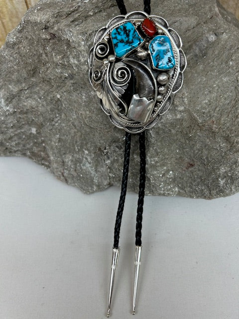 Sterling Silver - Bear Claw, Turquoise and Coral Bolo Tie