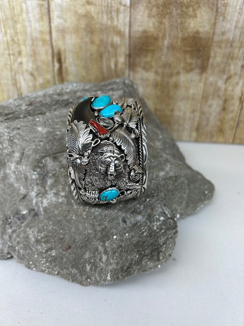 Sterling Silver - Sterling Silver Cuff with bear Claw, Turquoise and Coral