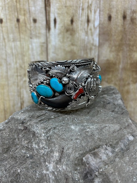 Sterling Silver - Sterling Silver Cuff with bear Claw, Turquoise and Coral