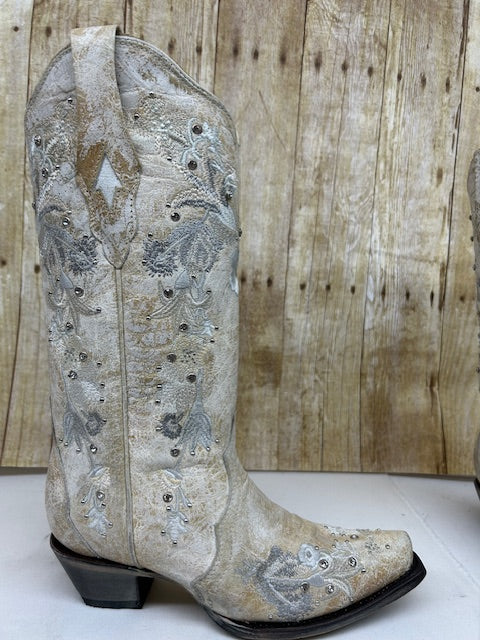 Corral - A3521  Distressed White Floral Embroidery with Crystals