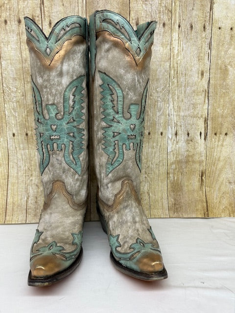 Corral - A4302 Bone/Turquoise Tall Eagle Overlay