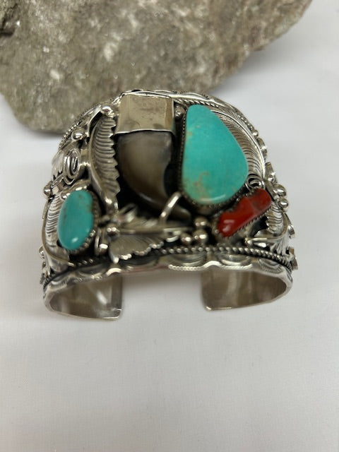 Sterling Silver - Sterling Silver, Bear Claw and Turquoise Cuff